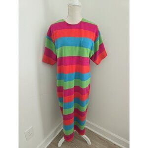 Sharon Young Rainbow Vintage Retro Striped Short Sleeves Maxi Midi Dress L Large